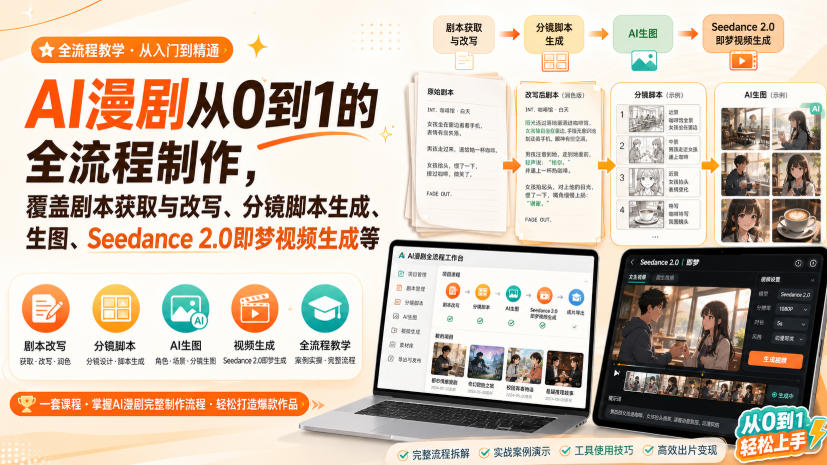 图片[1]-AI漫剧从0到1的全流程制作，覆盖剧本获取与改写、分镜脚本生成、角色场景生图与三视图、Seedance 2.0即梦视频生成（PDF版）-翔飞教程网