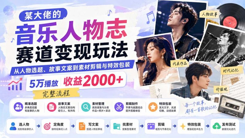 某大佬的音乐人物志赛道变现玩法：从人物选题、故事文案到素材剪辑与特效包装，5万播放收益2000+完整流程-翔飞教程网